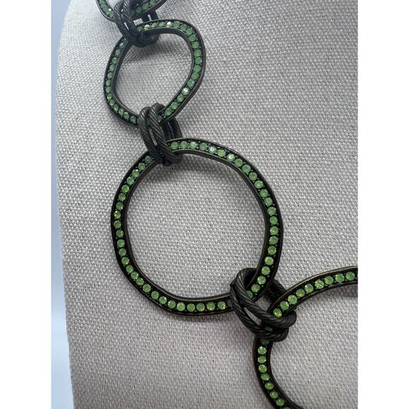 Chunky Link Necklace Large Circle Links Dark Metal Green Rhinestones Glows - Picture 4 of 7